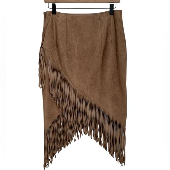 VTG Express Skirt Western Boho Y2K Fringe Faux Suede Camel Tan Women's Size 8 - Picture 2 of 11